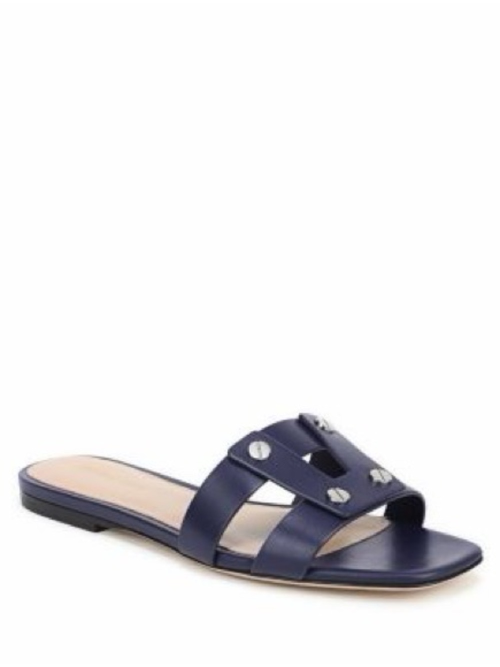 Veronica Beard via Navy Leather Slide Sandal with Silver Studs